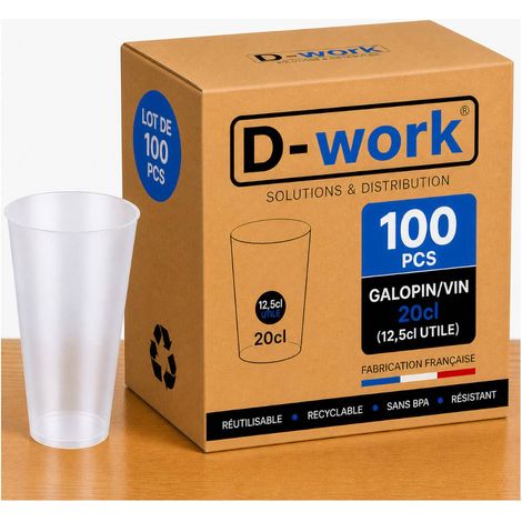 Lot de Verres Gobelets Réutilisables 20 cl (12,5 cl utile) en Polypropylène Sans BPA, Translucides, Résistants et Recyclables, Idéal Soirées, Bars, Événements et Professionnels - D-Work