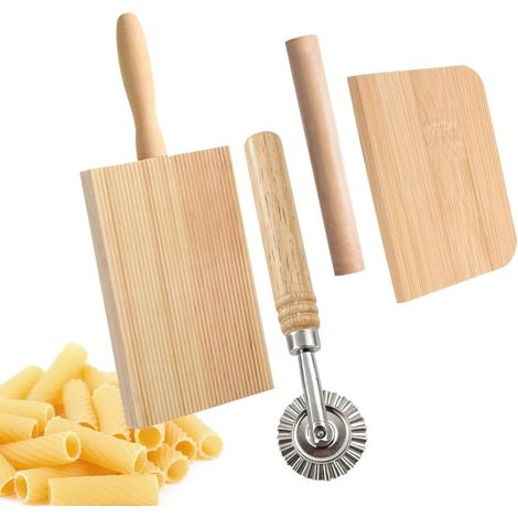 4PCS Gnocchi Planches à pâtes, Planche à Gnocchi en Bois comprend Rouleau à Pâtisserie, Coupe-Nouilles, Rainuré Planche à Pâtes, Raclette pour la Fabrication de Macaronis, Nouilles (1/5)