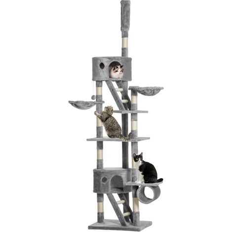 Arbre à chat de 240 à 260 cm de haut, avec balles en peluche, grougete, hamac, poteaux en sisal, plateformes, plusieurs niveaux, idéal pour les grands chats, gris clair. (1/5)