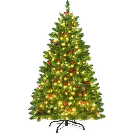 COSTWAY 135cm Künstlicher Weihnachtsbaum mit warmweisser LED-Lichterkette, Tannenbaum mit Metallstaender, Christbaum PVC Nadeln, Kunstbaum Weihnachten Klappsystem, grün (1/5)