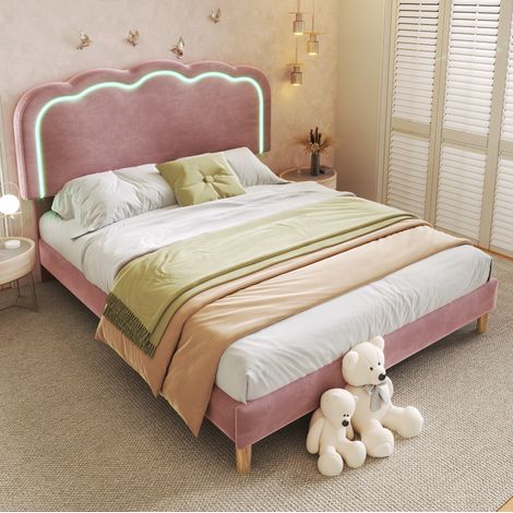 Bett modern 140x200 cm aus Samt in Rosa mit verstellbarem Kopfteil, LED-Beleuchtung und Lattenrost (1/5)