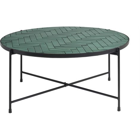 Tavolino basso rotondo in ceramica verde scuro e metallo nero D80.5 cm KOTTA