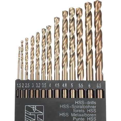 Juego de 13 brocas helicoidales de cobalto y oro HSS M35 para brocas métricas de alta velocidad de 1,5 mm a 6,5 mm para taladrar acero inoxidable y metal. (1/5)