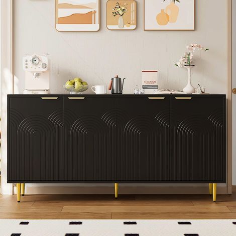 Buffet en MDF et panneaux de particules noir 160 x 40 x 80 cm, 4 portes, tablettes réglables, poignées dorées (1/5)