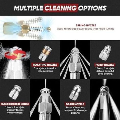 30M Déboucheur Canalisation Haute Pression - 5 Buses + Adaptateur Karcher, 5800 PSI/400 Bar, Compatible avec Karcher K2-K7(Adaptateur standard)
