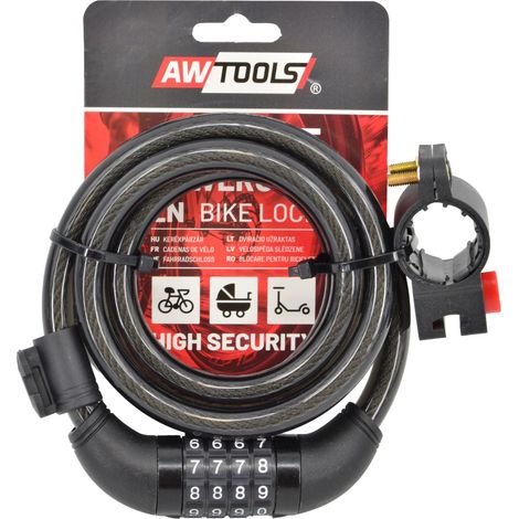 AWTOOLS - Candado de bicicleta FI 12 x 150cm con combinación, ideal para seguridad de bicicletas, diseño resistente, sistema de código, alta flexibilidad, perfecto para uso urbano y profesional.