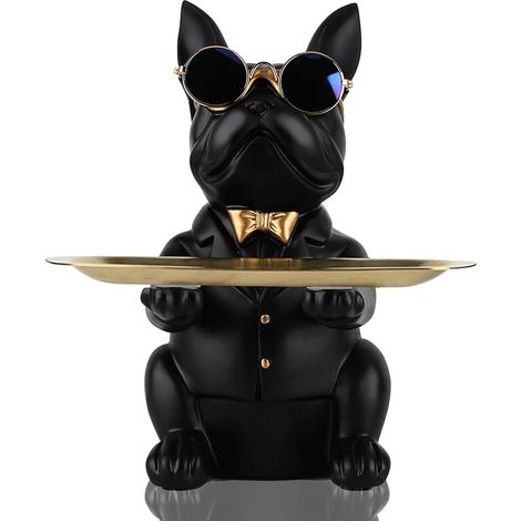 Statua di bulldog nero in resina, cassetto portaoggetti indipendente, salvadanaio, portachiavi, caramelle, piccoli oggetti, arredamento per la casa