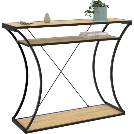 Idmarket – Console pieds courbés DETROIT – Double étagères 100x30cm – Structure métal noir et panneaux bois – Design industriel élégant (1/5)