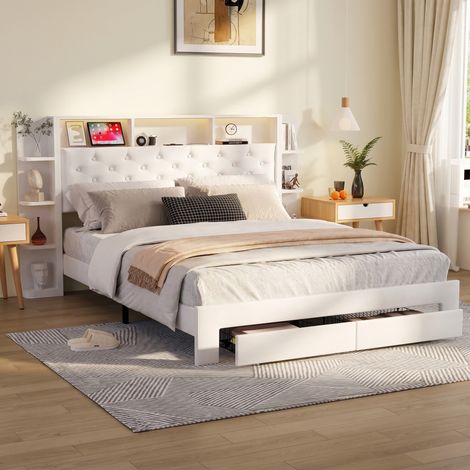Lit avec tiroirs 160 x 200 cm avec sommier à lattes,rangement tête de lit led et usb,velours,blanc (1/5)