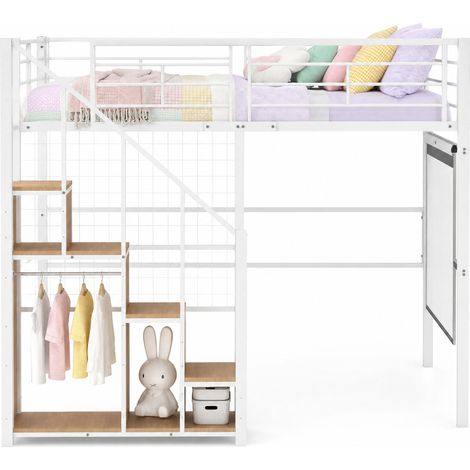 Lit mezzanine 140x200 en métal blanc avec rangements, échelle sécurisée et espace bureau pour chambre enfant, idéal petits espaces - CHICFURN (1/5)