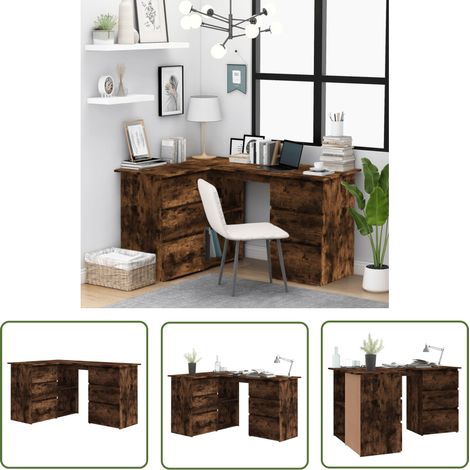 The Living Store Bureau d'angle Chêne fumé 145x100x76 cm Bois d'ingénierie - Bureau D'angle - Bureau En Bois - Meuble De Bureau - Bureau Design - Bureau Compact (1/5)