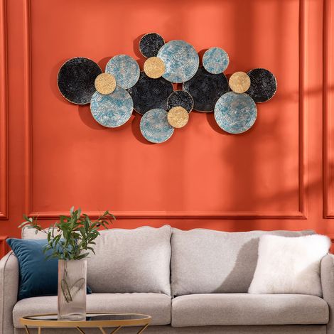 Decoración de pared metálica 3D, arte de pared circular de 133x66cm, azul, negro y dorado. (1/5)