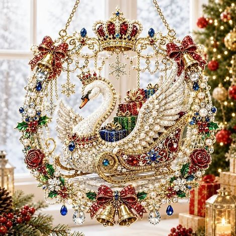 Nouvelle peinture diamant de Noël attrape-soleil - Cygne et traîneau - 20 cm