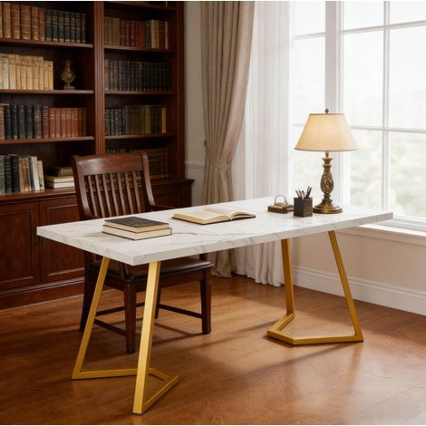 MEUBLIV Bureau 140x80x75 cm blanc et doré – finition marbre, montage facile (1/5)