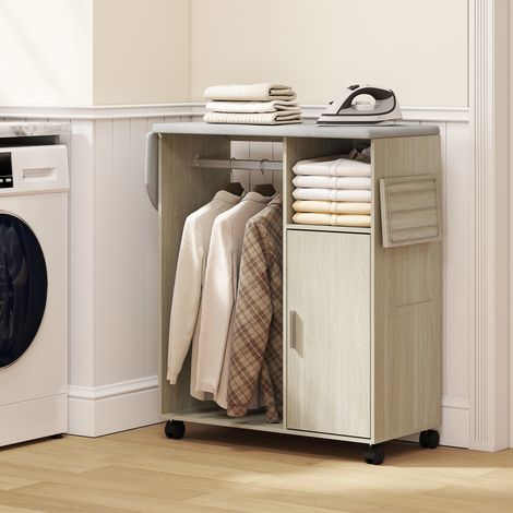 Mobile Asse da Stiro con Piano d'Appoggio Effetto Lino, 3 Ripiani a Cubo e Guida, 127x42.5x99 cm, Multicolore