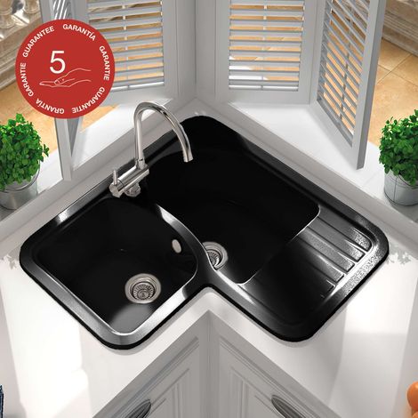 Evier pour meuble d'angle à encastrer Poalgi Jade Noir - 2 bacs avec égouttoir