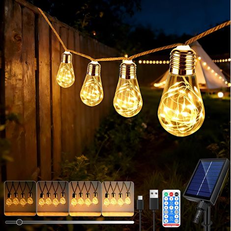 8M Guirlande Lumineuse Exterieure Solaire Avec télécommande, Avec 16 S17 Ampoules, Blanc Chaud, 8 Modes/Étanche/Dimmable/Minuterie, Guirlande Guinguette pour Jardin Terrasse Mariage Pergola Balcon (1/5)