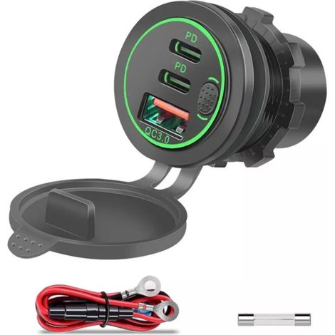 Chargeur de voiture USB 18 W à 3 ports avec interrupteur, compatible 12-24 V QC 3.0 USB et double prise allume-cigare USB-C PD, étanche, à fixer sur le tableau de bord, pour voiture, moto, camion, bat (1/5)