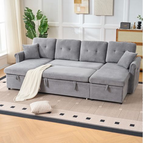 Sofá de esquina en U convertible con almacenamiento, 266 x 130 x 85 cm, chenilla gris OKMYHOME (1/5)