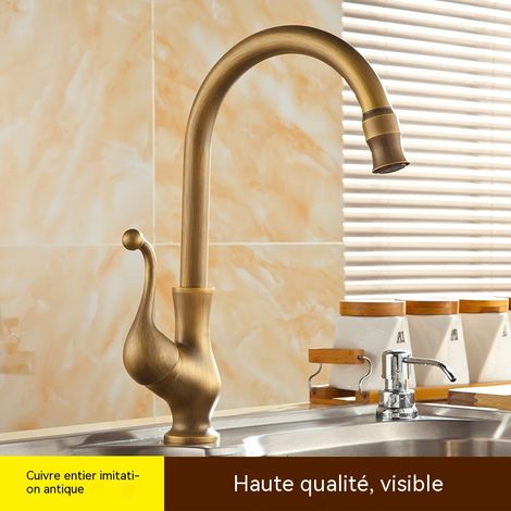 Robinet de Cuisine / Lavabo en Cuivre Massif, Style Rétro Européen, Rotatif, Mitigeur Eau Froide et Chaude, Modèle Vase Antique (1/5)
