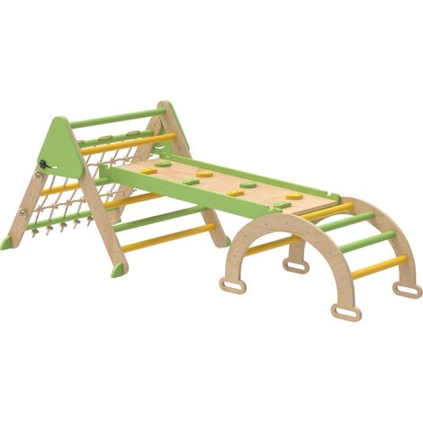 8-in-1 Montessori Klettergerüst Indoor Holz Kletterdreieck mit Kletterbogen, doppelseitiger Rutsche, Grün