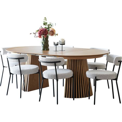 Tokyo ensemble pour salle à manger table à manger avec 2 rallonges Ø120x120-160-200 cm placage chêne et 6 chaises bouclé blanc.
