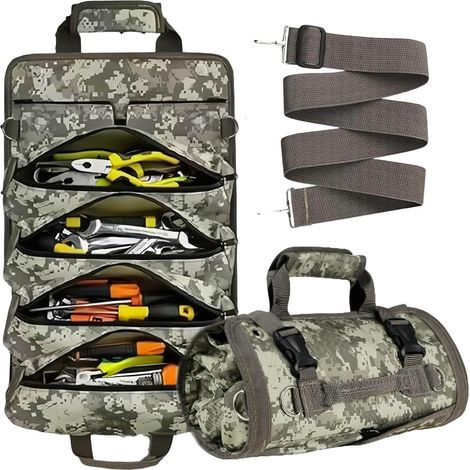 Sac à outils enroulable, robuste, vide, portable, pliable, avec 2 petites poches, sac de transport enroulable, sac à outils, papa, homme, mécanicien (camouflage) (1/4)