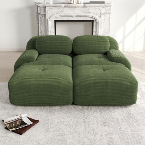 Canapé 2 places en velours côtelé, sans structure, combinable avec une méridienne, antidérapant, accoudoirs ergonomiques et revêtement très élastique pour salon et chambre, vert