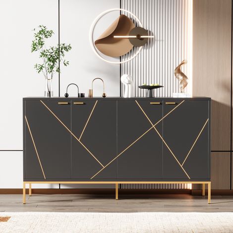 MEUBLIV Meuble TV 150 x 40 x 80 cm noir et doré – 4 portes, rangement fermé (1/5)