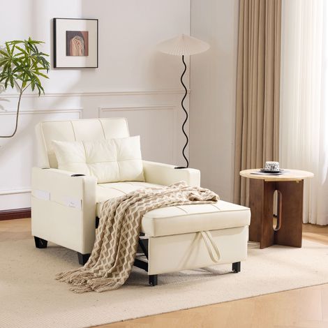 Fauteuil convertible 3-en-1 blanc, fauteuil-lit 1 place avec dossier réglable, couchage extractible, porte-gobelets et port USB (1/5)