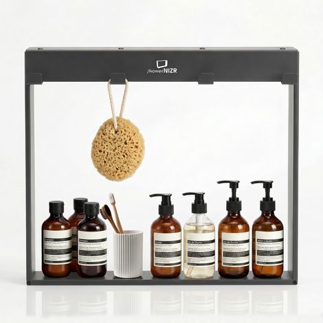 ShowerNIZR® Estante de ducha Granite Grey - Estante de ducha sin taladro para colgar en mampara de vidrio de acero inoxidable con 4 ganchos