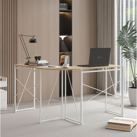 Bureau d'angle L 75 cm, 38 cm de profondeur, MDF et métal, blanc et effet chêne clair DESVIAE (1/5)