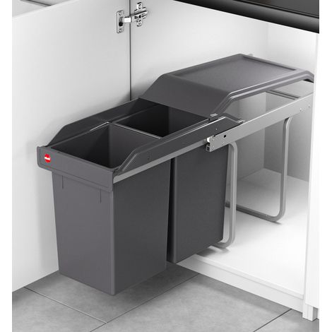 Hailo – Poubelle de tri sélectif encastrable 30 L sous évier – 2 bacs amovibles de 15 L – Installation flexible à gauche, droite ou centre – Corps en tôle d’acier gris anthracite