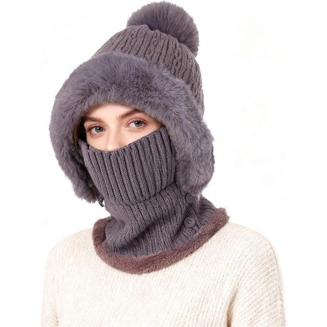Damen Wintermütze mit Halswärmer und Gesichtsmaske, warm gefüttert, violett (1/5)