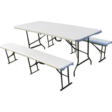 Conjunto de mesa y bancos plegables - plástico - 183x130 cm