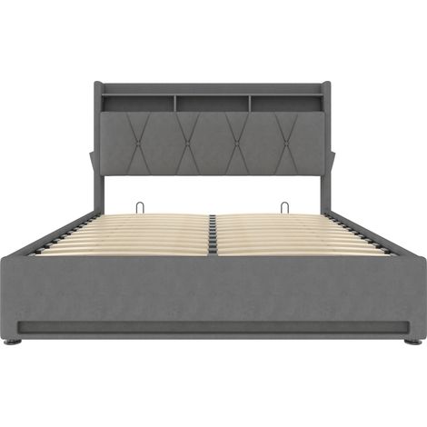 Letto contenitore 140 x 200 cm in velluto grigio scuro con LED, USB Type-C e testiera con vano (1/5)