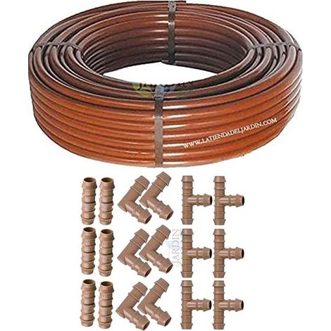 Suinga – Tuyau goutte à goutte 16mm marron 50 mètres – Épaisseur 1,2 mm – Pression maximale 4 bars – Inclus 6 tés, 6 coudes et 6 maillons