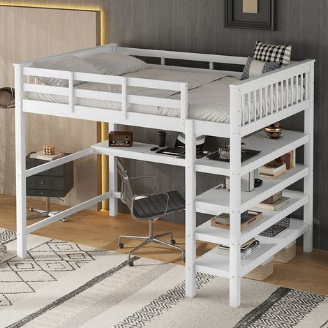 Lit mezzanine 140x200 cm lit enfant avec rangements et bureau sous le lit, en bois de pin, blanc, sans matelas (1/5)