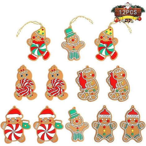 12 décorations de bonhommes en pain d'épice pour sapin de Noël, figurines en plastique assorties (1/4)
