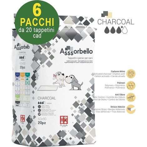 120 Tappetini igienici Asssorbello Charcoal 60x90 cm per cani - 6 pacchi da 20 pezzi cad.