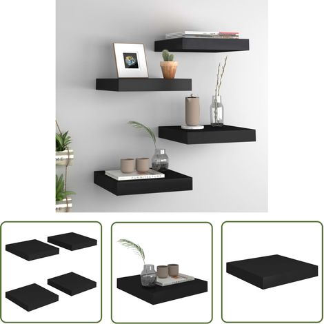 The Living Store Étagères murales flottantes 4 pcs noir 23x23,5x3,8 cm MDF - Étagères Murales - Étagères Flottantes - Décoration Murale - Rangement Mural - Meubles Muraux (1/5)