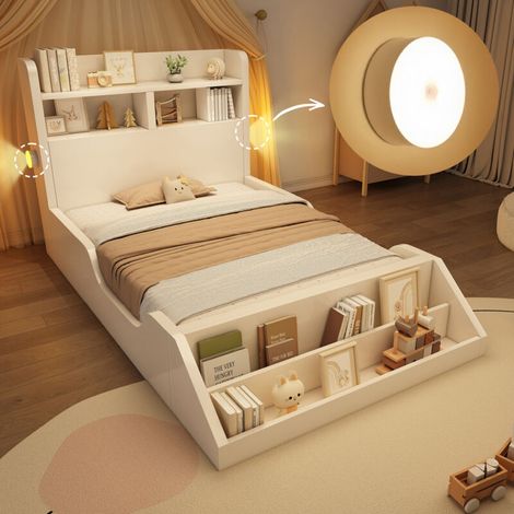 Lit simple en bois 90x200 cm, lit enfant/adolescent avec étagères, veilleuses, étagère amovible, sommier à lattes, finition blanc pur, sans matelas (1/3)