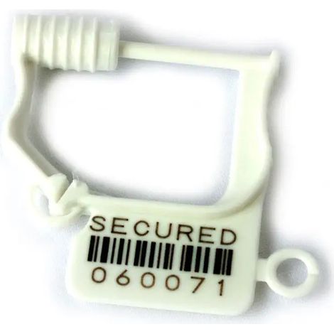 Sigilli di sicurezza a lucchetto con chiusura plastica/metallo e numero seriale (bianchi) - Modello: Chiusura in plastica - Numero Pezzi: 100 Sigilli