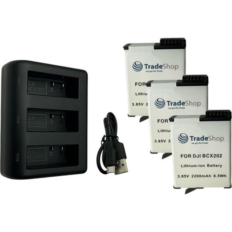 Trade-Shop 4in1 Set: 3x Akku 2100mAh + USB-C LCD Dreifach-Ladegerät kompatibel mit DJI Osmo Action 3 / 4 / 5, BCX202, BCX204 / Action-Kamera Zubehör (1/5)