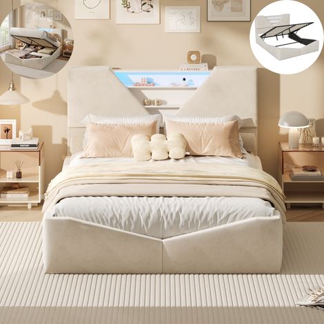 Letto contenitore 140x200 cm, Letto matrimoniale con Illuminazione LED Integrata - Ampio Spazio di Stoccaggio e Rete a Doghe - flanella, Bianco rotto