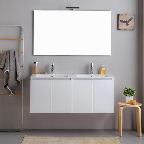 Meuble De Salle De Bains Suspendu 120Cm Blanc Avec Portes Et Double Lavabo Bilbao (1/5)