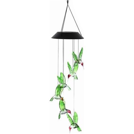 Solarbetriebenes Vogel-Windspiel, farbwechselndes LED-Licht, wasserdichtes schwarzes Gehäuse, für Garten oder Balkon, kleine bunte Vögel (1/5)