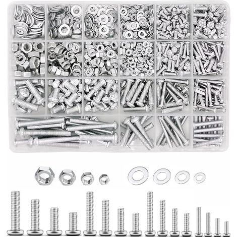 Screws, Stainless Steel Flat Head Hex Bolts Kit Nuts Washers Suitable for Door Handles, Machinery Industry, Electronic Products (Colour: Silver)