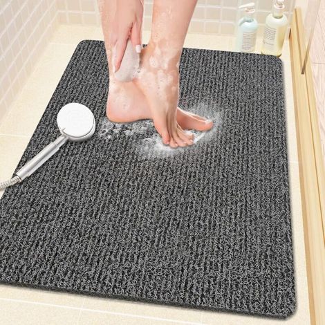 Tapis de douche antidérapant, 61 x 40,6 cm, doux avec drain, tapis de bain en luffa en PVC (sans phtalates) pour baignoire et salle de bain, séchage rapide, noir (1/4)