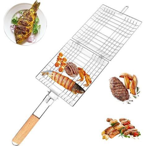 Panier à griller, poêle à griller avec manche en bois, pliable – pour poissons, crevettes, légumes et steaks (1/5)